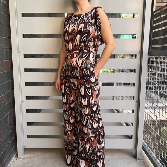 Bebe Multicolor Feather Printed Wide Leg Jumpsuit Size S - Picture 1 of 10